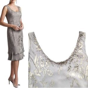 Unique Pure Silk Burnout Floral Pattern Tiered Sleeveless Midi Embelished Dress